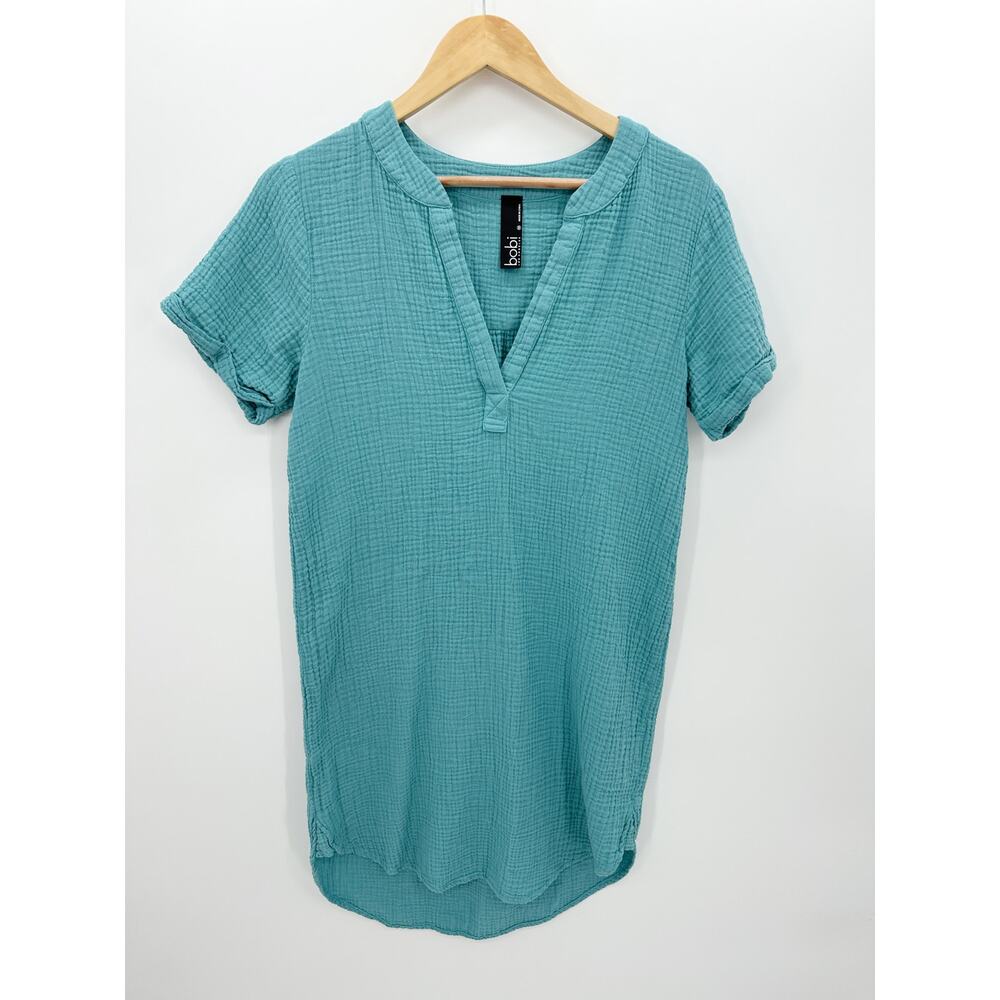 Bobi T-Shirt Dress Women Medium Blue V Neck Gauze Mini Summer Boho Coastal‎